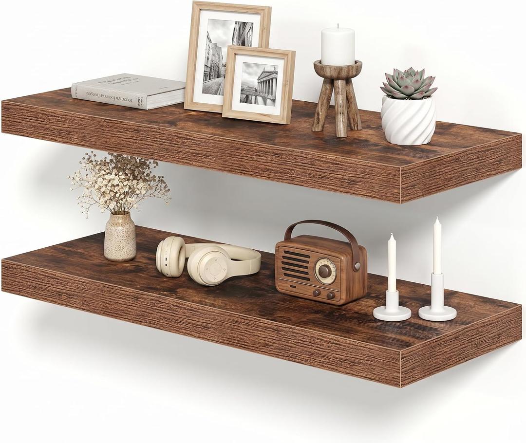 12 Inch Deep Floating Shelves Brown, 30 Inch Long, 2" Thick Floating Shelves for Wall, Hidden Bracket, Scratch-Resistant Wood Grain for Bedroom Bathroom Kitchen, Coffee Bar, Bookshelf, 30"x 11.6"-Pack of 2