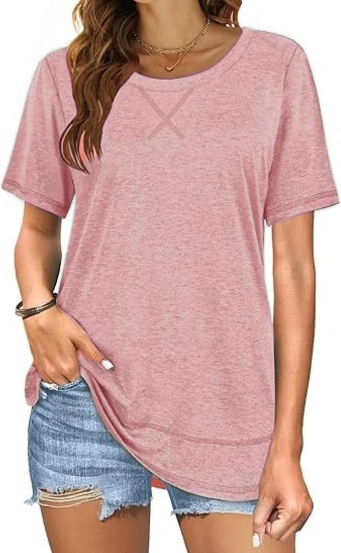 Beimuc Summer Tops for Women Short Sleeve Crewneck Tshirts Side Split Loose Fit Tunic Pink (XL)
