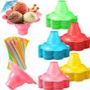 Silkfly 25 Pcs 4 oz Colorful Flower Snow Cone Cups Paper Umbrellas and Kit Spoon Straws, Shaved Ice Bowls Plastic Ice Cream Snack Small Bowls for Kids Birthday Party Summer Cookout