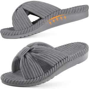 Litfun Orthopedic Arch Support Slippers for Women Comfortable Open Toe Indoor House Slippers Corduroy Cross Bow Bedroom Shoes for Plantar Fasciitis, 40