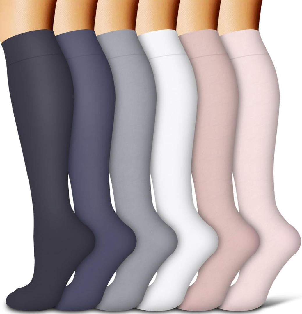COOLOVER Copper Compression Socks for Women and Men(6 Pairs)-Best Support for Running, Athletic, Travel (Large-X-Large, 02 Black/Navy/Gray/White/Red/Pink)