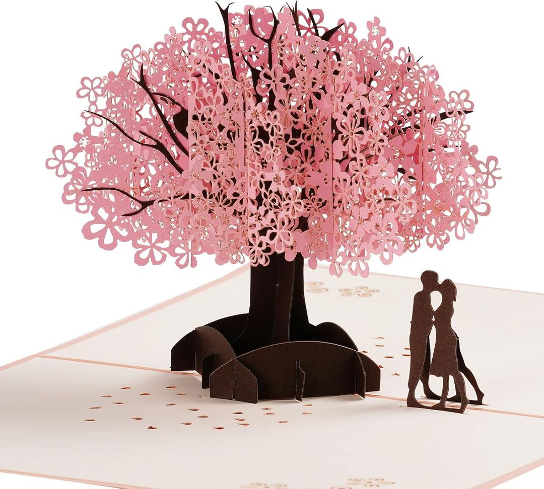 3 x Abodhu Valentines Day Card Pop Up Happy Anniversary Card for Her Wife Husband Him Couple Cherry Blossom Wedding Birthday Card 3D Paper Engagement Card Greeting Card Romantic Birthday Card