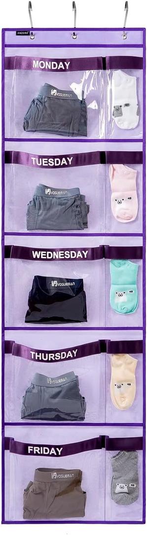 Weekly Kids Clothes Organizer Day of Week School Clothing Storage Monday to Friday Hanging Closet Organizer (Purple)