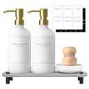 Kitchen Soap Dispenser Set with Instant Dry Tray,16 Oz Hand and Dish Soap Black Glass Dispenser Set,Stainless Steel Pump,Waterproof Labels&Dish Brush,Luxury Soap Bottle for Kitchen,Bathroom