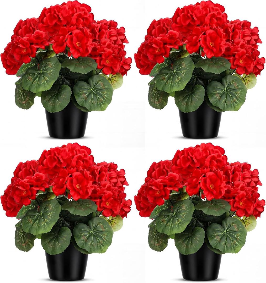 Zeyune 4 Pack Artificial Geranium Flowers for Outdoors Silk Flower UV Resistant Fake Plants Realistic Faux Flowers Outside for Home Kitchen Garden Patio Table Centerpiece(Red)