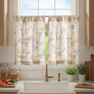 jinchan Floral Kitchen Curtains 30 Inch Linen Tier Curtains Farmhouse Cafe Half Window Drapes Over Sink Light Filtering Taupe on Beige for Living Room Laundry RV Rod Pocket 2 Panels