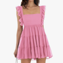 Women’s Summer Square Neck Tie Back Ruffle Sleeve Tiered Casual A-Line Short Mini Dress XS