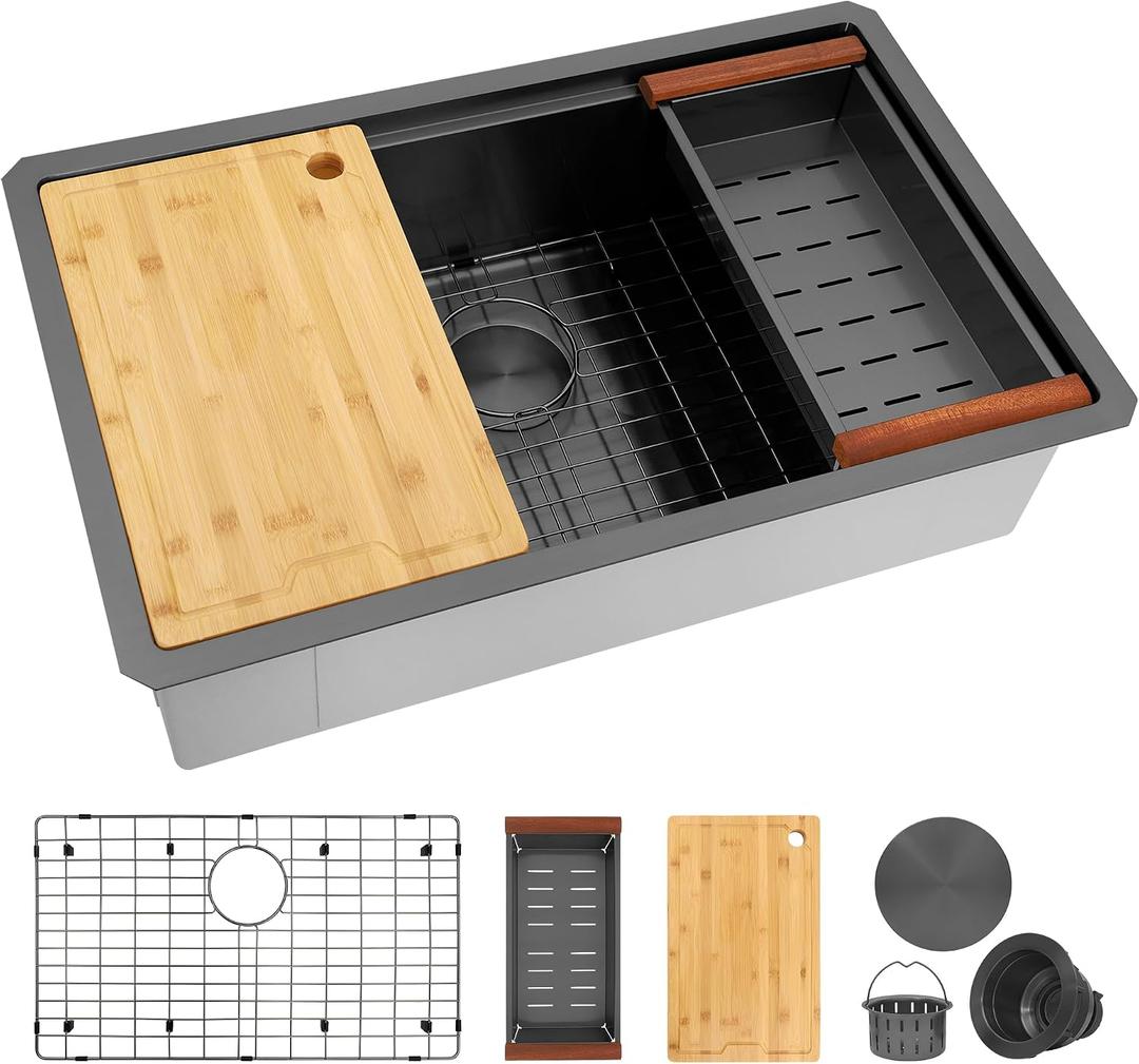 27 Inch Workstation Black Kitchen Sink, 16 Gauge Undermount Sink, 27"x19"x9"