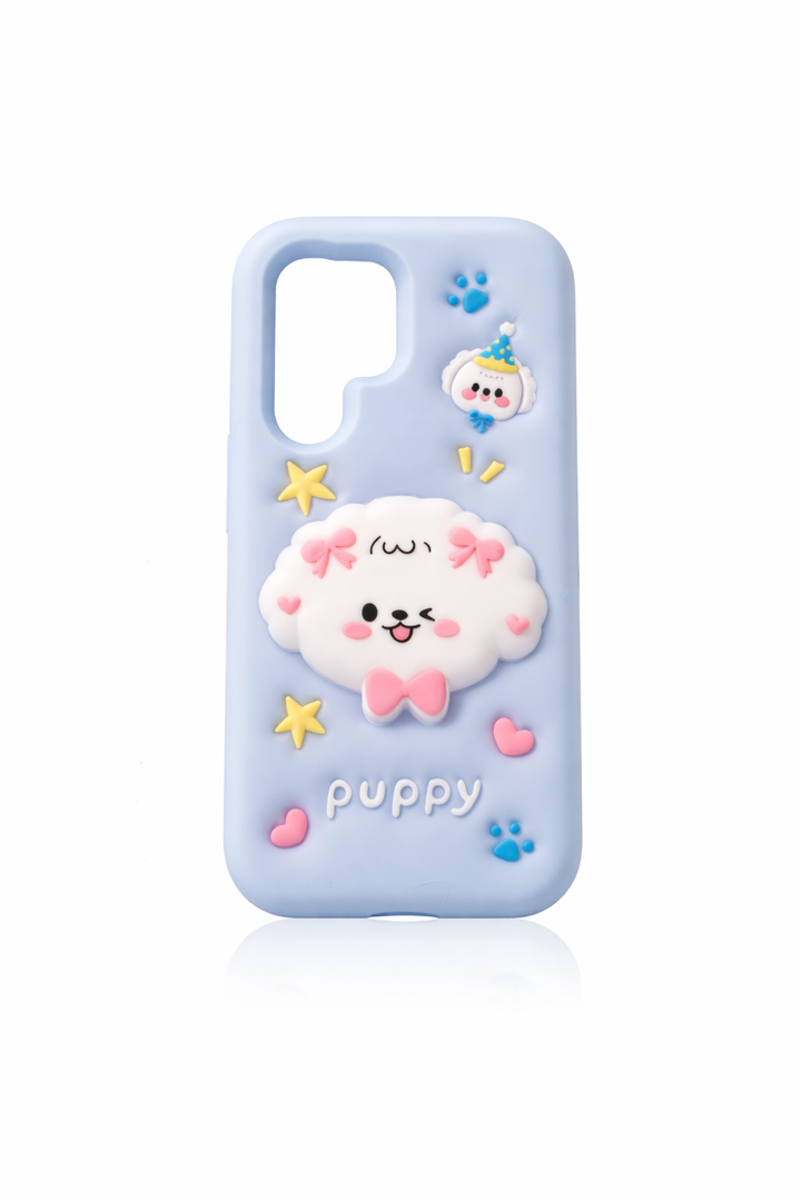 Kawaii 3D Dog Phone Case for iPhone 15 Pro Max (with Retractable Phone Stand & Grip) Cute Girly Cartoon Soft Silicone Phone Cover for Girls, Kids, Teens, and Women, Blue