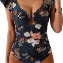 Eomenie Womens Ruffled One Piece Swimsuit Slimming Tummy Control Bathing Suit V-Neck Cutout Swimwear for Resort Wear (L)