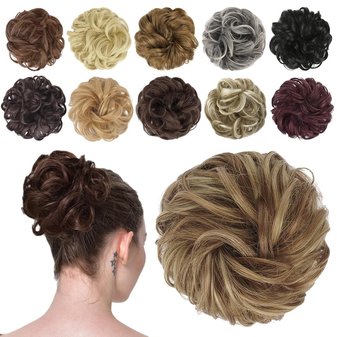 FESHFEN Messy Bun Hair Piece - Wavy Synthetic Chignon Scrunchies for Instant Volume, Elastic Bun Ponytail Hair Extensions Thick Hairpieces for Women, Brown & Blonde 1.50 oz