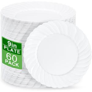U-QE 60 Pieces White Plastic Plates - 9 Inch White Disposable Plates - Washable & Reusable - Premium Hard Plates - Party Supplies for Birthdays, Celebrations, Travel, Wedding, Party and Events