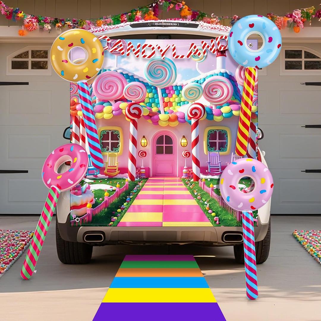 Halloween Candytown Trunk or Treat Decorations Kit Outdoor Candy Trunk or Treat Decoration with Sweet Candy Lollipop Banner Balloon Sticker for Suv Car Archway Garage Door Haunted House Party Supplies