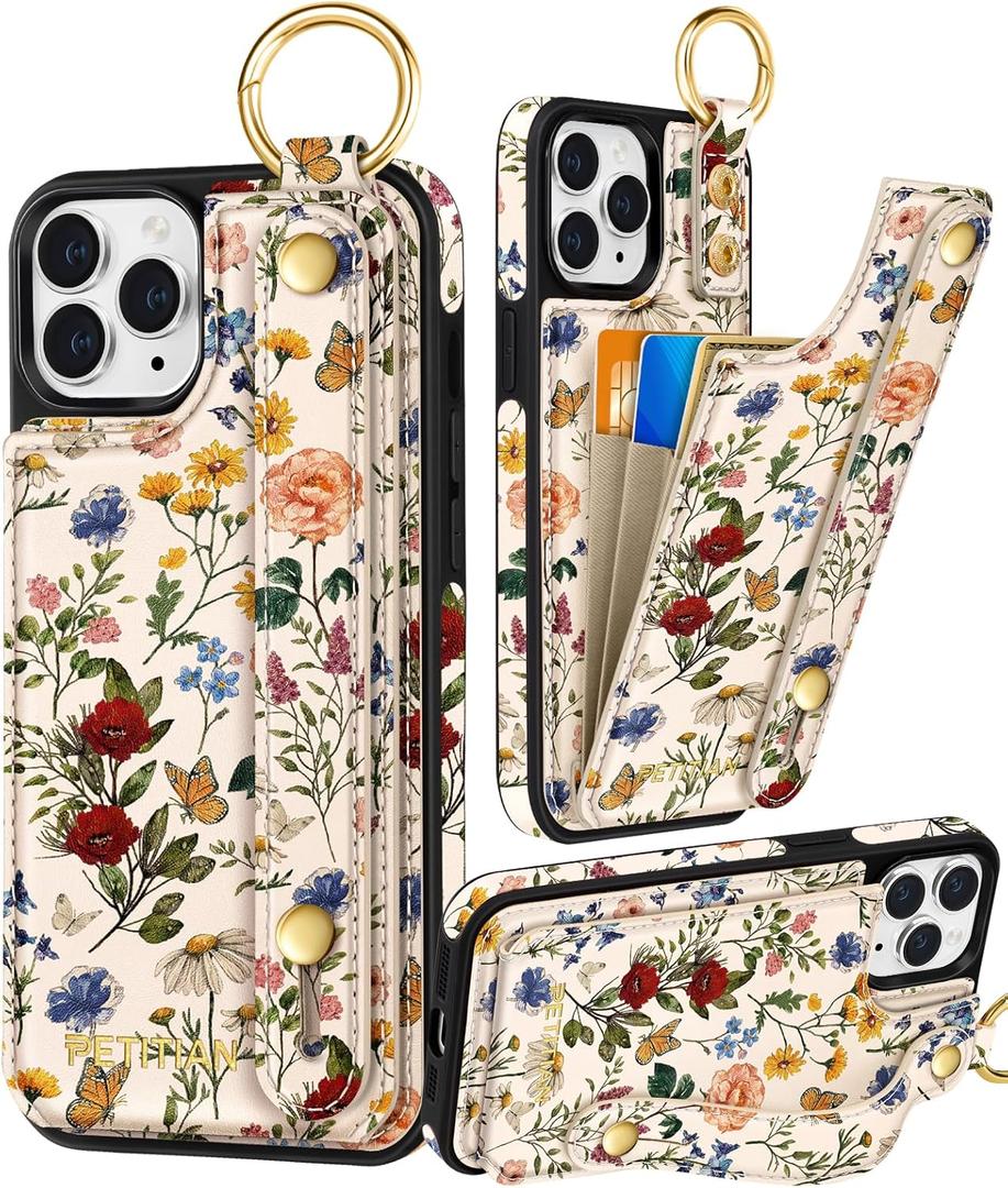 Petitian for iPhone 11 Pro Max Wallet Case - Women Girls Cute Girly Aesthetic Unique Design Leather Credit Card Holder Cardholder Stand Wristband for iPhone 11 Pro Max, Vin Flower