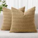 MIULEE Pack of 2 Corduroy Decorative Throw Pillow Covers 18x18 Inch Soft Boho Striped Pillow Covers Modern Farmhouse Home Decor for Sofa Living Room Couch Bed Khaki