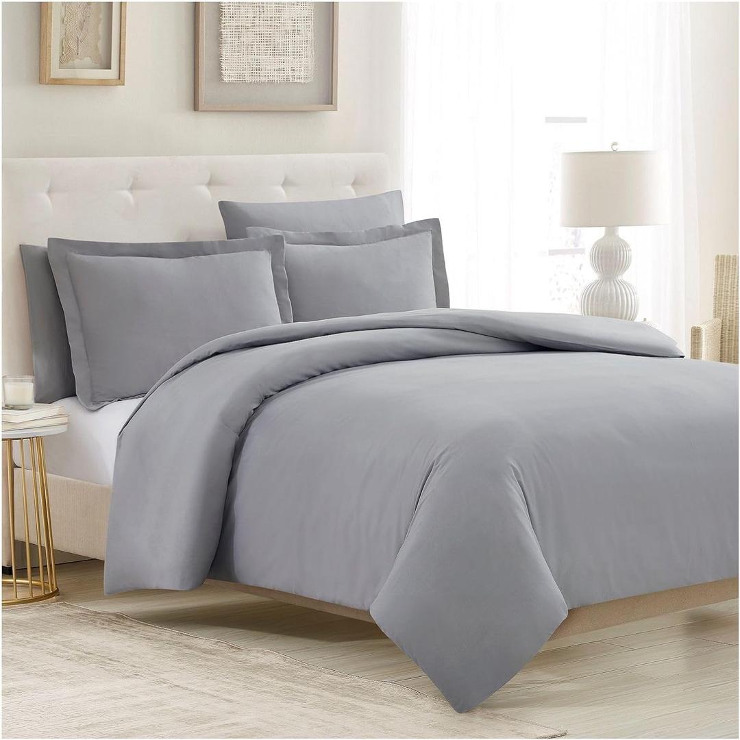 Mellanni Duvet Cover Set - 5 PC Iconic Collection Bedding Set - Hotel Luxury, Extra Soft & Cooling - Microfiber - Button Closure and Corner Ties (Queen, Light Gray)