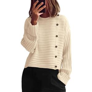 PRETTYGARDEN Womens Sweaters Fall 2026 Casual Long Sleeve Crewneck Button Loose Winter Knit Pullover Sweater Tops (Beige, M)
