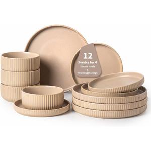 FOBENTA Dinnerware Sets for 4,Microwave Safe Plates and Bowls Sets,12 Piece Dylan Dish Set,Reactive Glaze Stoneware Dinnerware Set (Matte Reactive Khaki Beige, Service for 4 (12pcs))