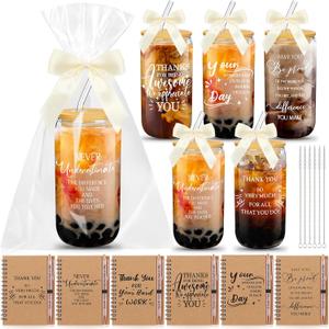 Skylety 18 Pcs Employee Appreciation Gift for Women Christmas Thank You Gifts Bulk for Coworker Team Staff Nurse Teacher 16 oz Glass Cup A6 Inspirational Notebook with Ballpoint Pen Bowknot(Thank You)