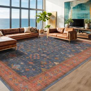 Navy Blue Area Rugs 9x12 Living Room, Dining Room Rugs for Under Table - Washable Low Pile Non-Slip Rugs for Bedroom - Vintage Boho Eclectic Home Decor - Ultra Soft Faux Wool Stain Resistance