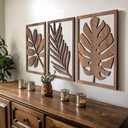 qmmp Modern Wooden Wall Sculptures - Set of 3 - Home Decor Accent - Large Wall Art for Living Room, Bedroom, Office - Easy Installation (Walnut, Large - Tree Leaves)