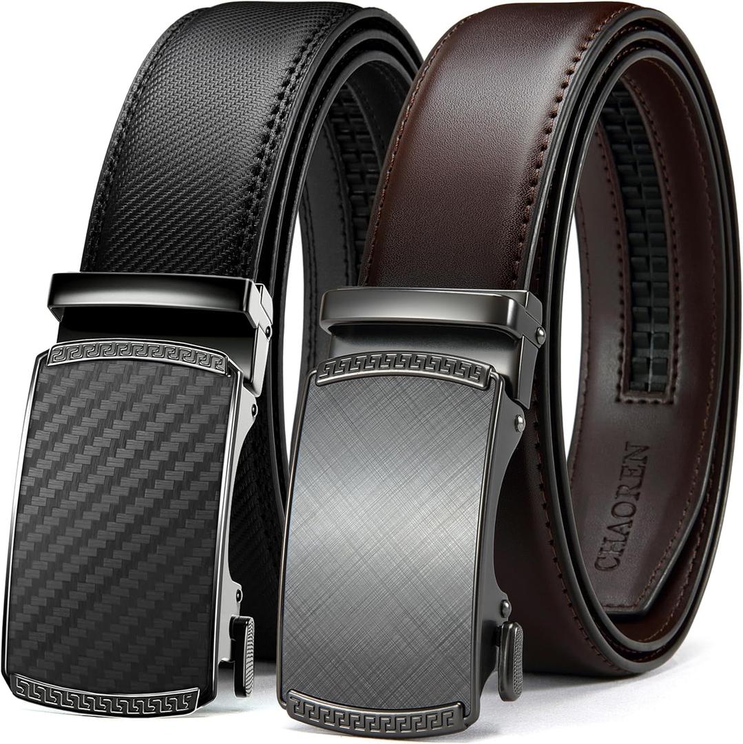 CHAOREN Leather Ratchet Belt Men 2 Pack - Customizable Fit, Effortless Style (35mm) (28" to 34" Waist Adjustable, Black - Carbon Fiber/Dark Brown)