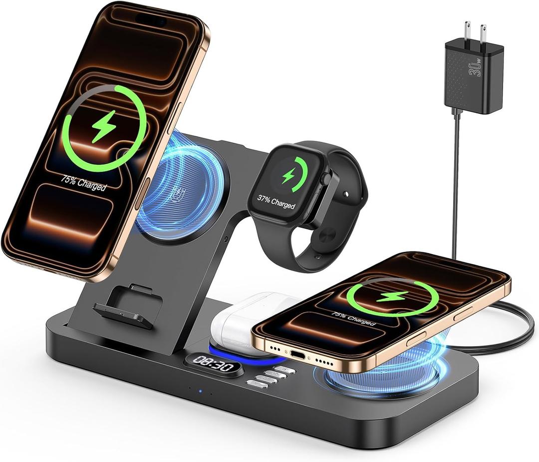 Dual Phone Wireless Charging Station for Apple Devices, 30W Wireless Charger with Auto-Switch 7-Color Light & Clock,Dual iPhone for iPhone 17 for AirPods4 for Apple Watch10