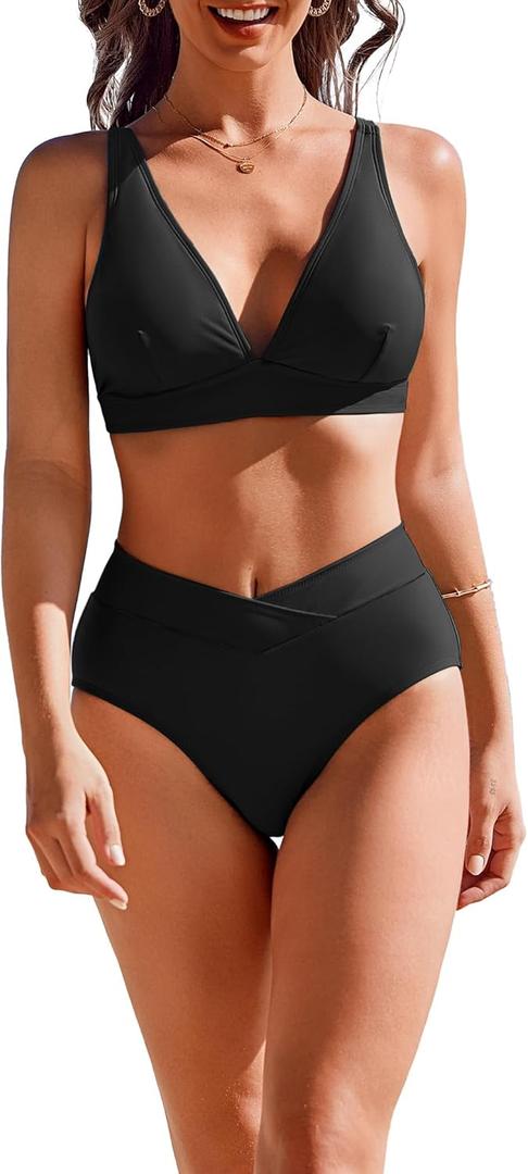 AI'MAGE High Waisted Bikini Set for Women Tummy Control Women's 2 Piece Bathing Suit V Neck Sexy Color Block Swimsuit 2025, XL