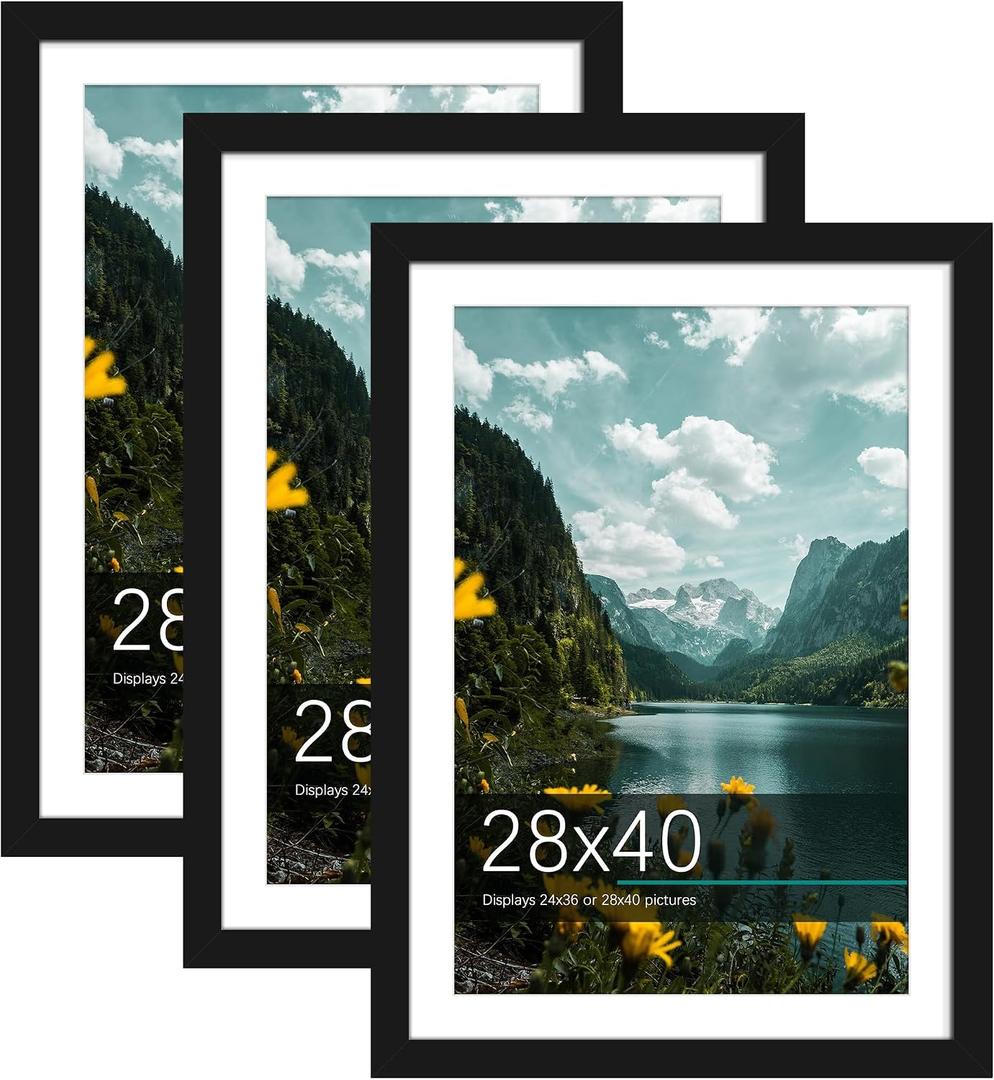 Picrit 28x40 Picture Frame 3 Pack, Black Poster Frame, Display Poster 24 x 36 with Mat or 28 x 40 without Mat for Horizontal or Vertical Wall Mounting