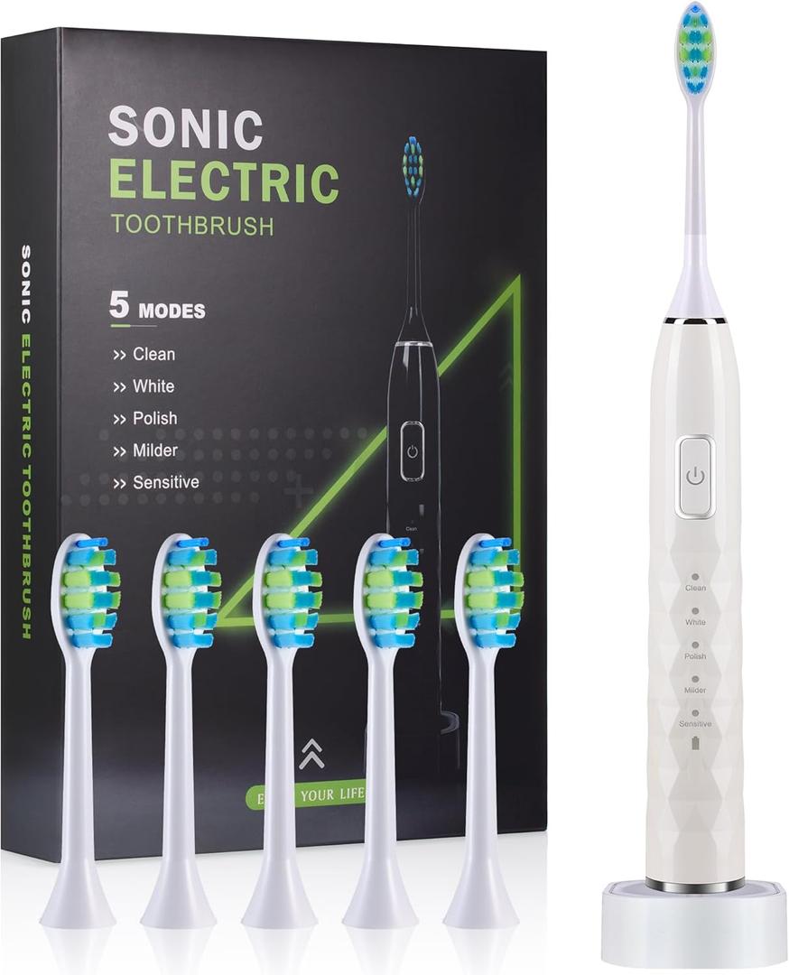Sonic Electric Toothbrush for Adults - Deep Cleaning Teeth Whitening6 Replacement Brush Heads100-Day Battery5 Modes w/SensitiveIPX7 Waterproof