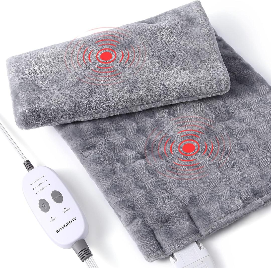 ROYGROW Weighted Heating Pad with 2 Massager, Electric Massaging 5lbs Heating Pad for Back Neck Shoulder with Massaging Vibration, 3 Heating Levels & 3 Massage Types, 12 x 24 Grey