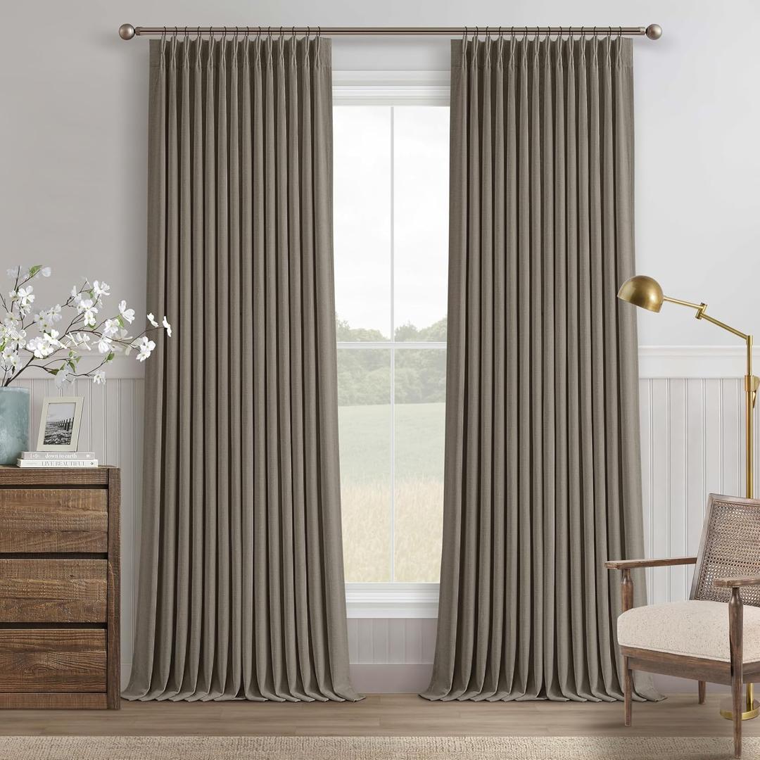Dark Taupe 96 Inch Blackout Pinch Pleated Curtains 2 Panel Set for Living Room Darkening Thick Linen Textured 100% Black Out Drapes 96 Inches Long Pinch Pleat Light Blocking Bedroom Brownish Gray