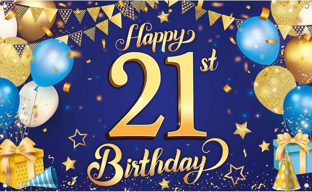 KatchOn, Blue and Gold Happy 21st Birthday Banner - XtraLarge, 72x44 Inch | Blue and Gold Backcrop Banner for 21st Happy Birthday Decorations | 21 Party Decorations for Girl