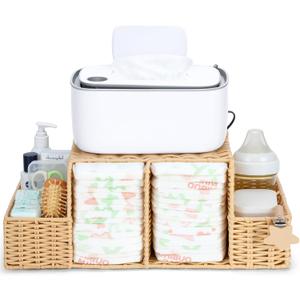 Diaper Caddy Organizer, Hand Rattan Nursery Storage Basket for Baby Essentials, Baby Changing Table Organizer Perfect Nursery Assistant (Natural Light Woven - Style 2, L)