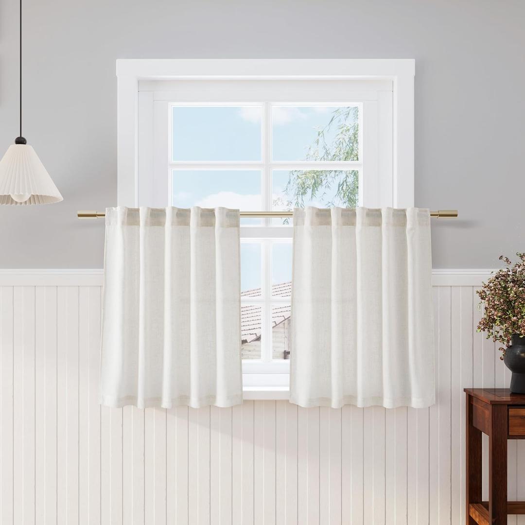 Nanspring 30 Inch Long Cream Curtains for Kitchen Linen Blend Semi Sheer Light Filtering Back Tab and Rod Pocket Rustic Farmhouse Decor for Bathroom Small Window Curtain 29 x 30 Inch, 2 Panels (Natural)