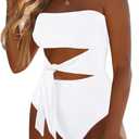 Viottiset Women's Bandeau One Piece Swimsuit Strapless Tie High Cut Out Bathing Suit (Large, White)