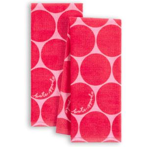Kate Spade New York Joy Dot Kitchen Towels 2-Pack Set, Absorbent 100% Cotton Velour, Red/Rose Pink, 17"x28"