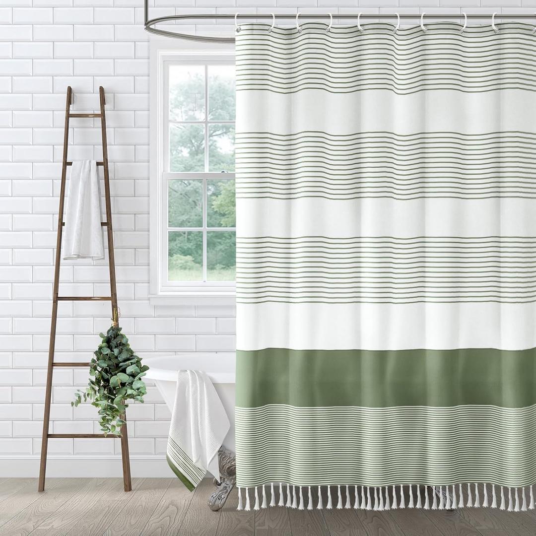 Sage Green Shower Curtain Cotton Boho Striped Shower Curtains for Bathroom with Tassel 72 X 72