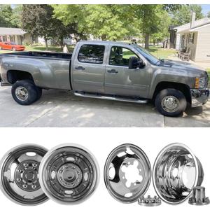 4X 16 Screw On Wheel Simulators Compatible with 2001-2007 Chevy GMC 3500 Truck 2003-2021 G3500/G30 Van, 8 Lug Front Rear Dually Hub Caps Skins Liners Rim Covers Stainless Steel Polished 608GV