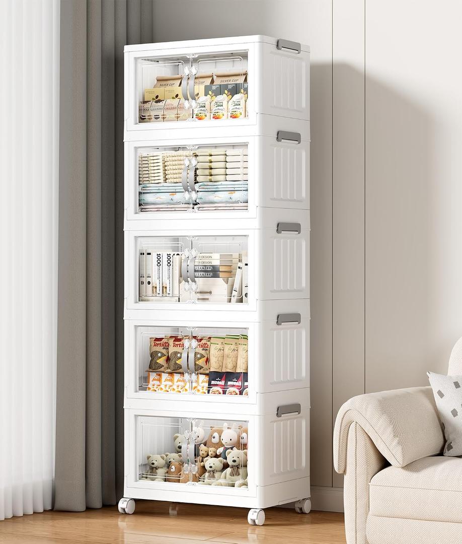 Hanyi 175 QT Stackable Storage Bins with Lids, 5 Tier Collapsible Plastic Storage Cabinet with Magnetic Doors, Removable Top Lid, Locking Wheels, Closet Organizer for Bedroom, Pantry, Office