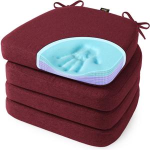 SUNROX Cooling Gel Memory Foam Chair Cushions, 2.6" Thick U-Shaped Dual-Layer Comfort Dining Chair Pads, Non Slip Seat Cushion with Ties for Indoor Kitchen Office 17"x16" Set of 4, Burgundy, 16x17 Inch