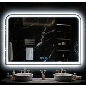 Antok LED Bathroom Mirror, LED Mirror with Lights for Bathroom, Lighted Vanity Mirrors for Wall, AntiFog, Dimmable, Tempered Glass, Memory Function, 3 Colors, Safe Use, 48" L x 32" W, White