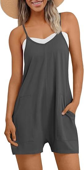 AUTOMET Womens Rompers Jumpsuits Summer Vacation Beach Outfits 2025 Shorts Overalls Jumpers Loose Casual Soft Fashion Clothes Deep Gray L 