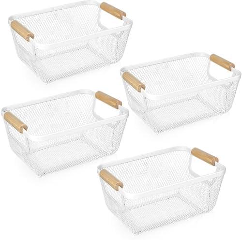 Ziliny 4 Pcs Metal Wire Basket with Wooden Handles Mesh Steel Storage Organizer Bin Containers for Home Organizing Cabinet Pantry Closet Kitchen Fridge Fruit Makeup Snacks Gifts(Small,Cream White)