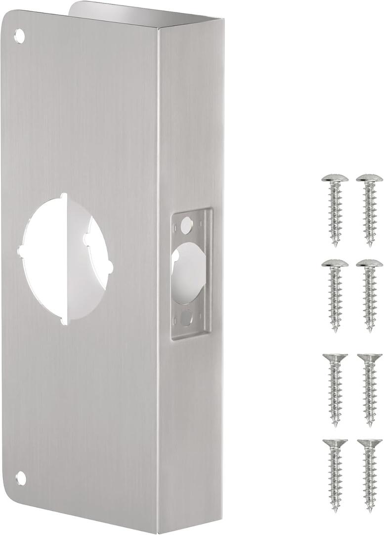 Single Hole Door Knob Reinforcement Long Plate, Brushed Nickel, Fits 1-3/4" Doors, 2-3/8" Backset, Door Lock and Door Knob Cover Plate, Deadbolt Cover Plate Reinforce and Repair Wood or Metal Doors
