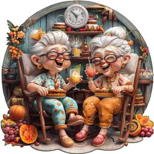 Jigfoxy Wooden Puzzle for Adults, Happy Grandmas Jigsaw Puzzles for Adult, Unique Animal Shape Wood Cut Puzzles, Christmas Thanksgiving Gifts for Friends Family (L-13.4 * 13.4in-300pcs)