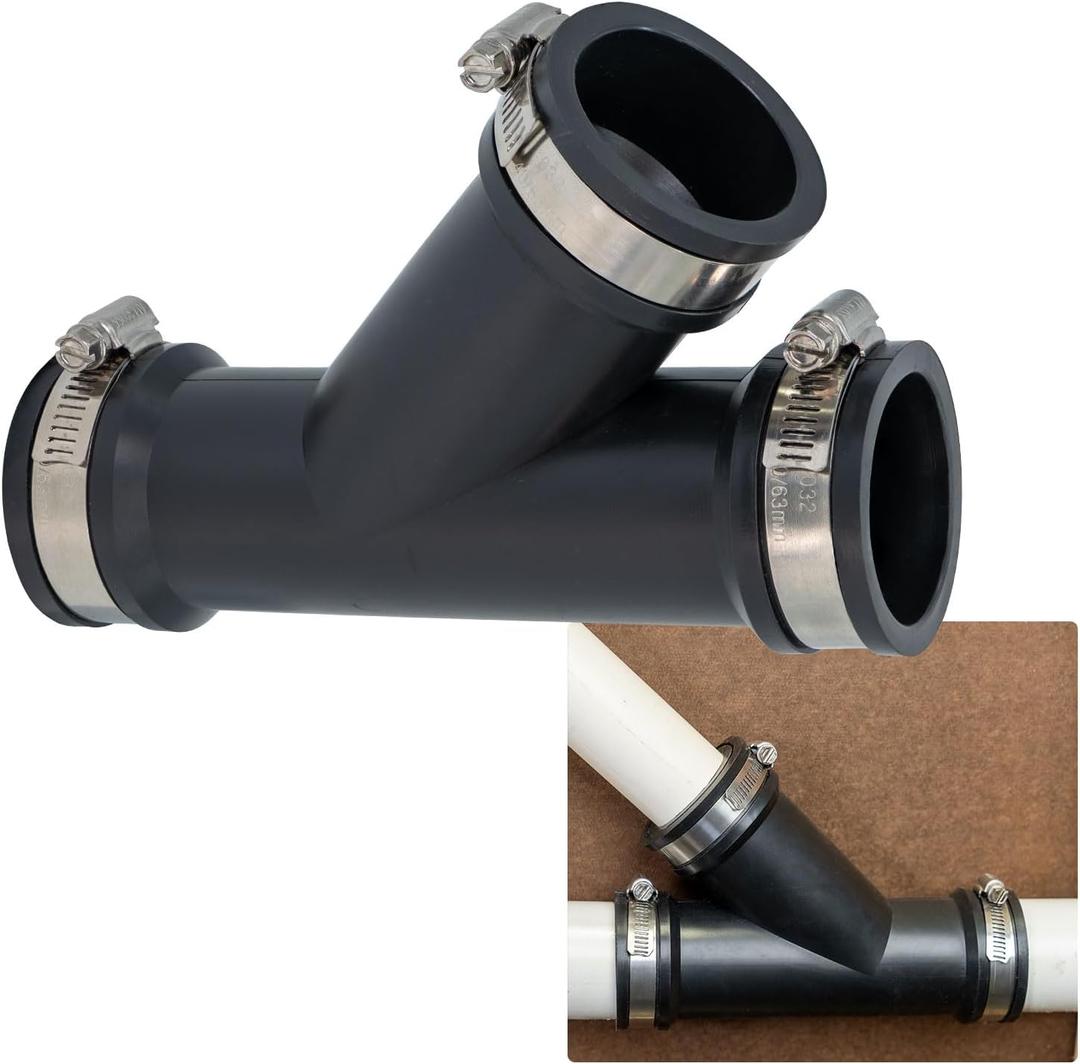 Fernco 2 in. Hub Flexible PVC Wye DWV Pipe Fitting Connector for Cast Iron, Steel and Plastic Connections in Black