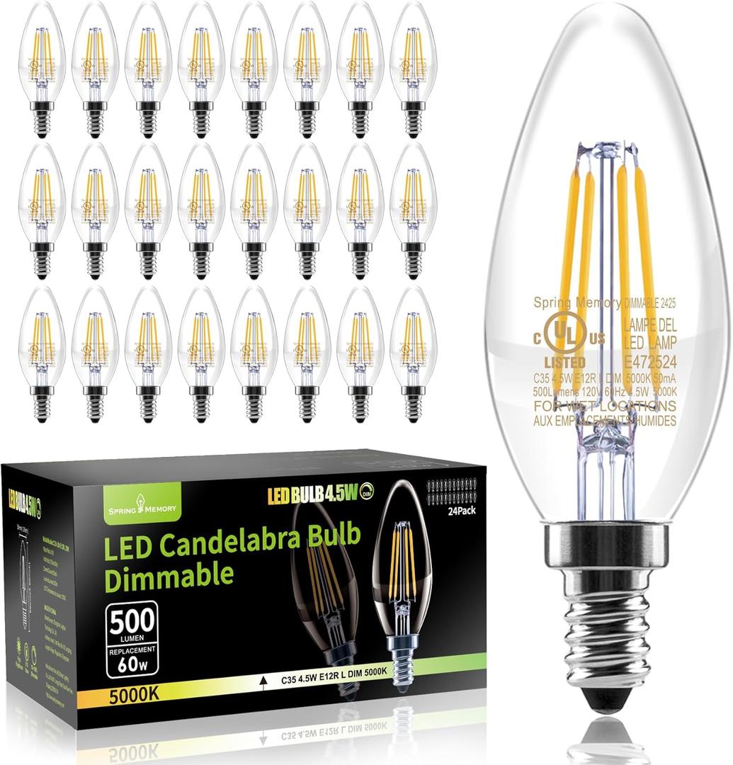 24 Pack E12 Dimmable 60W Equivalent LED Chandelier Light Bulbs, 4.5W Clear 5000K Daylight White 500LM B11 Vintage Filament Candle Light