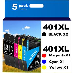 PayForLess LC401XL Ink Cartridges for Brother Printer Compatible for LC 401 XL Ink Cartridges for MFC-J1010DW MFC-J1012DW MFC-J1170DW Printer 5 Pack (2 Black, 1 Cyan, 1 Magenta, 1 Yellow)