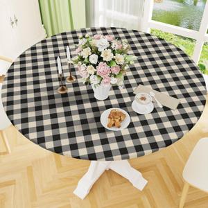 Smiry Round Picnic Tablecloth, Elastic Waterproof Fitted Vinyl Tablecloths for 45"-56" Tables, Flannel Backed Buffalo Plaid Table Cover for Dining, Camping, Outdoor, Black and Beige